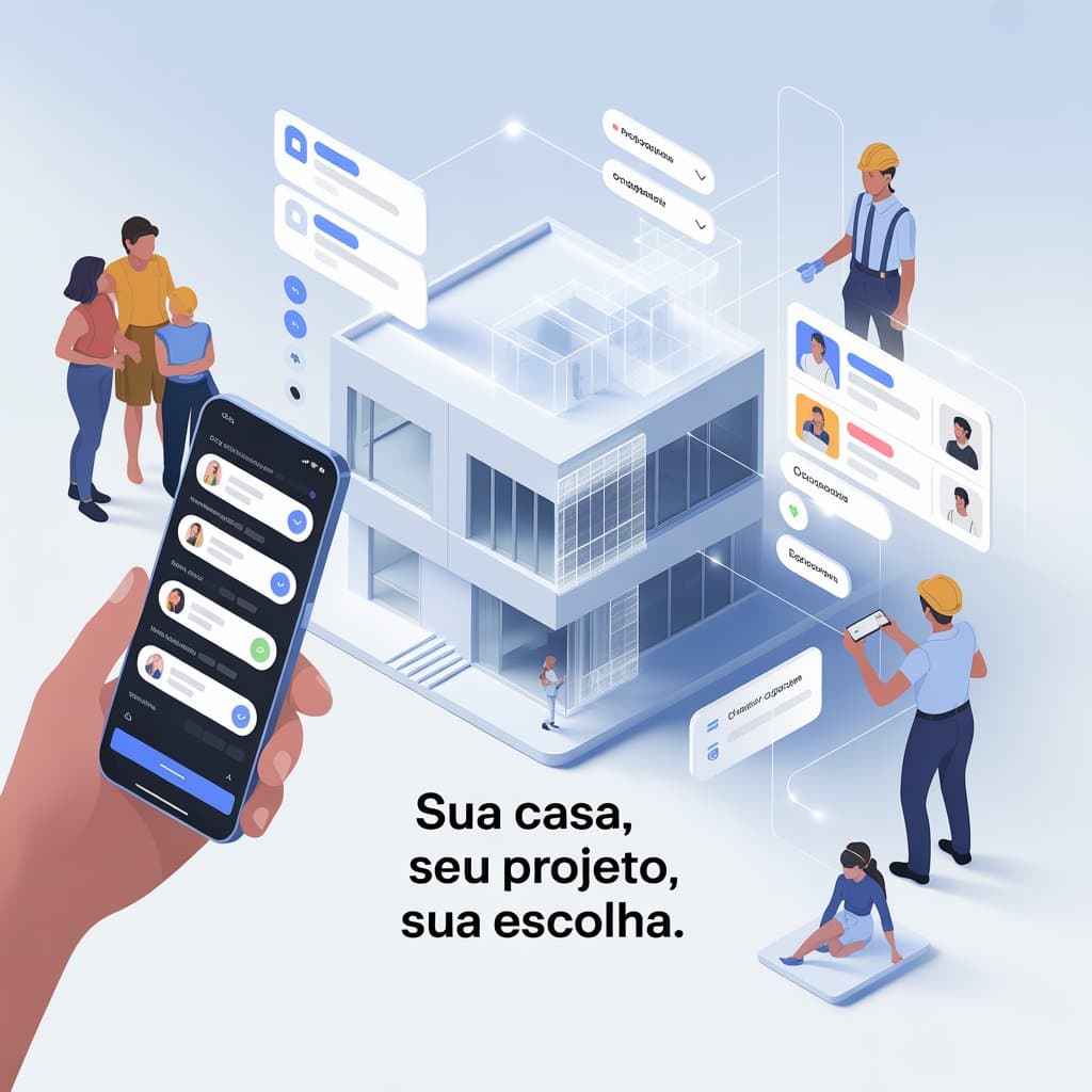 Sua casa, seu projeto, sua escolha — ilustração da plataforma Construí conectando clientes e profissionais